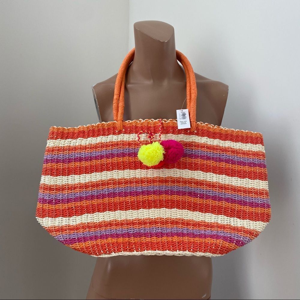 NEW Old Navy orange striped straw beach tote bag